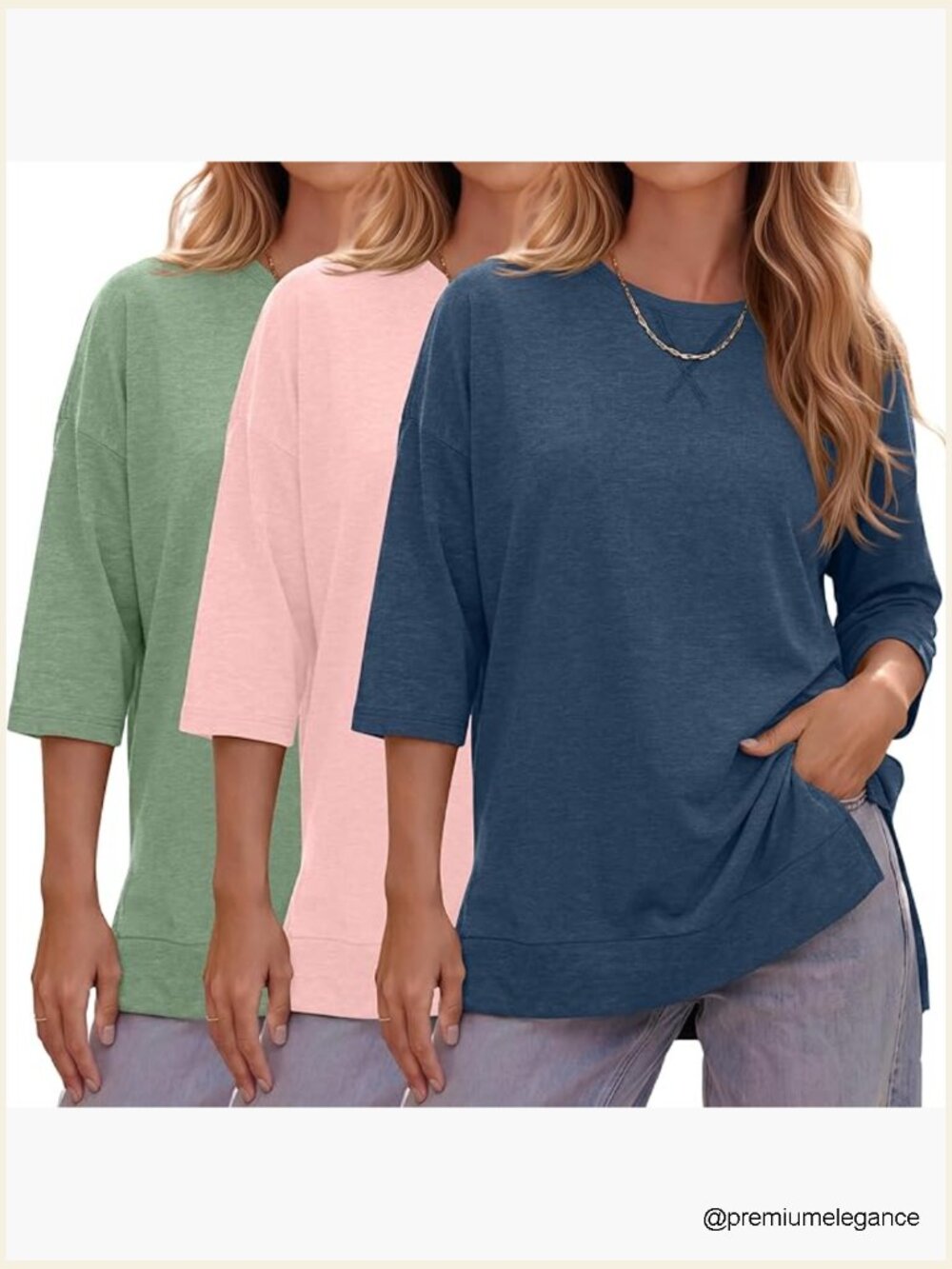3/4 Sleeve Side Slit Tunic Tops Loose Fit Round Neck Tee Shirt 3 Pack
